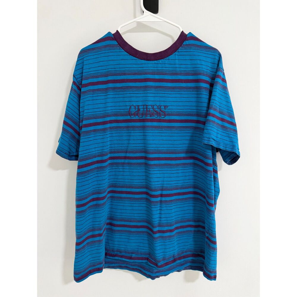 Vintage Guess Originals Blue Purple Striped Embroidered Spellout T-Shirt L